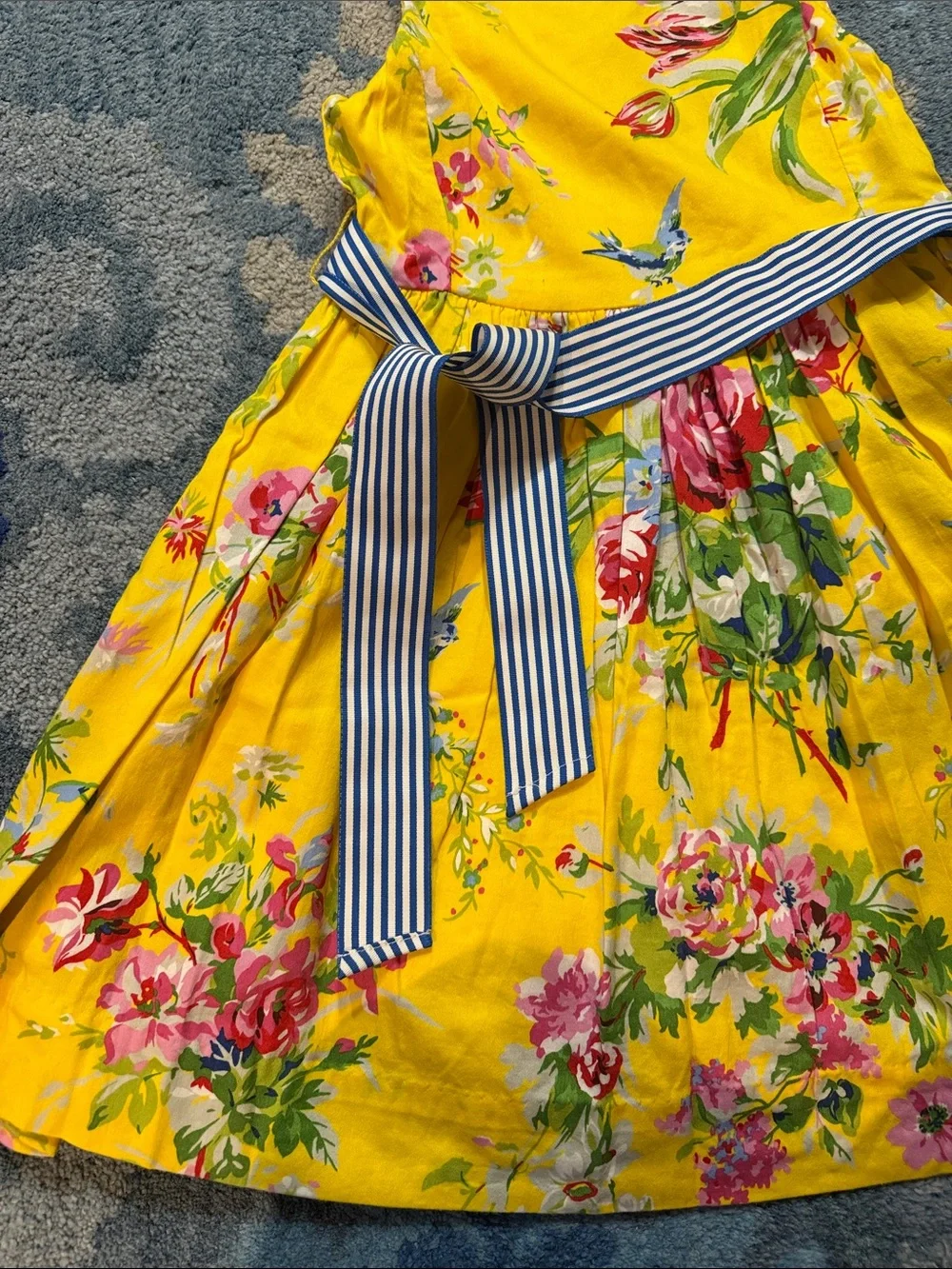 Polo by Ralph Lauren Yellow Floral Dress with Navy Striped Sash